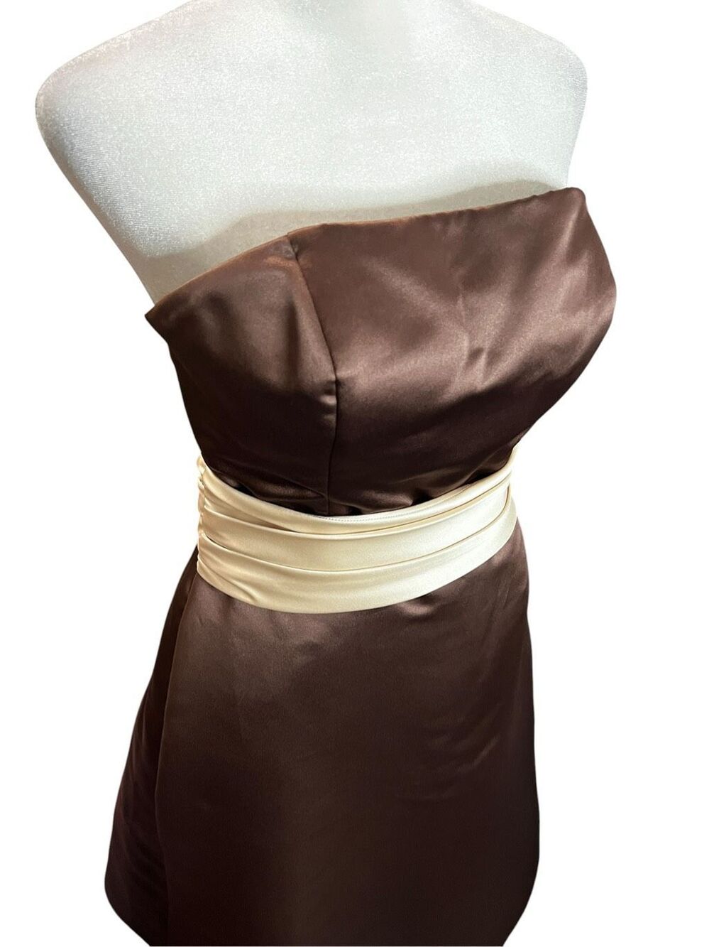 Bill Levkoff Chocolate Brown Satin Strapless Fit Flare Midi Dress Ivory Sash 6 - Picture 3 of 8